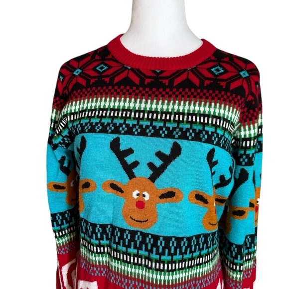 Reindeer Ugly Christmas Sweater HO HO HO Mixed Pattern Red Blue Size M - Picture 17 of 17